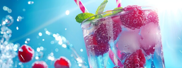 Sparkling fruit-infused water with ice and berries. Close-up with striped straw and mint leaf.