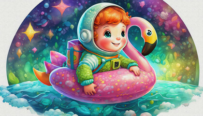 oil painting style CARTOON CHARACTER CUTE BABY astronaut in a full suit lies on a pink flamingo float in deep space, 