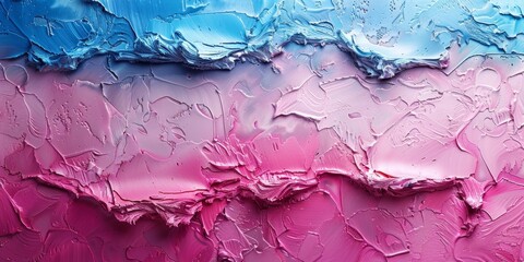 Abstract acrylic paint strokes in pink and blue, with dynamic textures and splatters creating an...