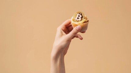 A person's hand holding a cupcake topped with a Bitcoin symbol, depicting cryptocurrency concept in a creative way.