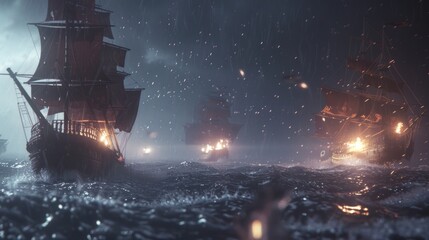 Pirate ships fighting during a storm - obrazy, fototapety, plakaty