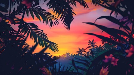Fototapeta na wymiar Sunset scene with a silhouetted tropical landscape showing through an array of brightly colored foliage.