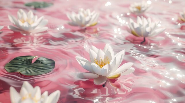 Water lilies blossoms floating in sparkling light pink water, top view, dynamic water surface, minimalism, wide, gaussian blur, bright ripples, light white texture, clear.