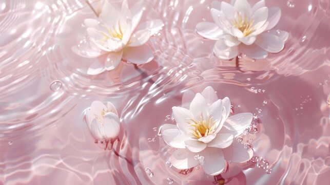 Water lilies blossoms floating in sparkling light pink water, top view, dynamic water surface, minimalism, wide, gaussian blur, bright ripples, light white texture, clear.