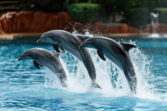Graceful dolphins leaping in synchronized harmony, A mesmerizing display of dolphins gracefully leaping out of the water in perfect synchronization
