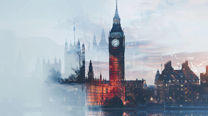Big Ben and London double exposure contemporary style  artwork collage illustration