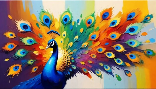 Abstract oil painting colorful peacock tail painted with palette knife created with generative ai