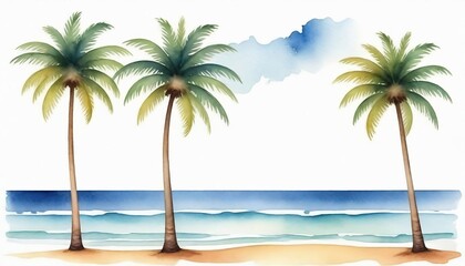 Fototapeta na wymiar Illustration of palm trees on the beach with ocean sea, watercolor painting of palm trees isolated on white background created with generative ai