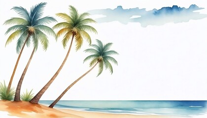 Fototapeta na wymiar Illustration of palm trees on the beach with ocean sea, watercolor painting of palm trees isolated on white background created with generative ai