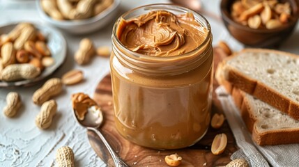 On a white wooden background, a glass jar with peanut butter, peanut, kitchen towel, spoon, and peanut butter sandwich, with space for text and closeups