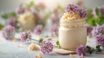Obraz na płótnie Canvas A close-up of a cream jar, allium flowers, and a board on a white background