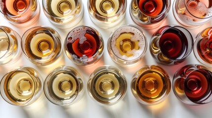 An image of different wines in glasses on a white background, with a top view. - obrazy, fototapety, plakaty