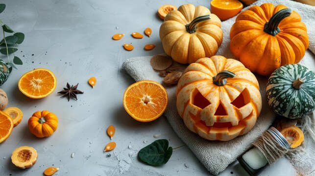 Laughable pumpkins and skin care accessories on white background, copy space