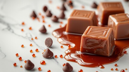 On a white background, caramel candies and sauce, with space for text - obrazy, fototapety, plakaty