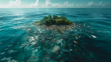 Environmental Protection; waste, trash island underwater, Marine Pollution, plastic, bottles and discarded items - obrazy, fototapety, plakaty