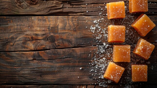 An image of salted caramel candies on a wooden background with copy space and close-up