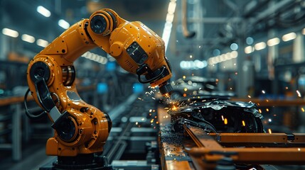 Industrial robotic arm are welding  - obrazy, fototapety, plakaty