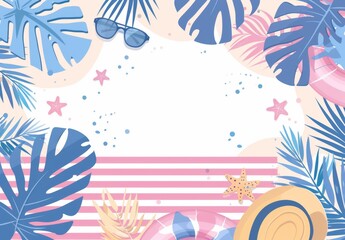 background with a beach towel, sunglasses and hat, pastel colors, stripes, palm leaves, sea stars Generative AI