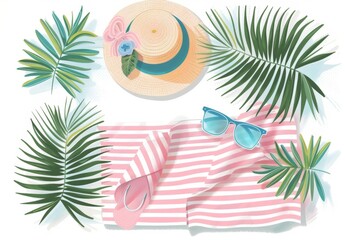Cute summer beach elements, pastel pink and white striped towel, sun hat, sunglasses Generative AI