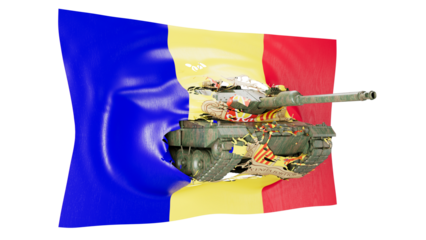 Battle Tank Superimposed on Blended National Flags, Symbolizing Military Alliance