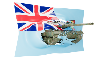 Battle Tank Superimposed on Blended National Flags, Symbolizing Military Alliance