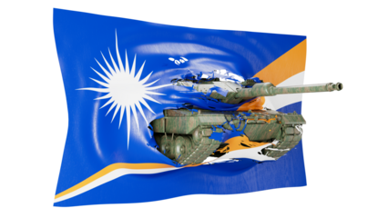 Battle Tank Superimposed on Blended National Flags, Symbolizing Military Alliance