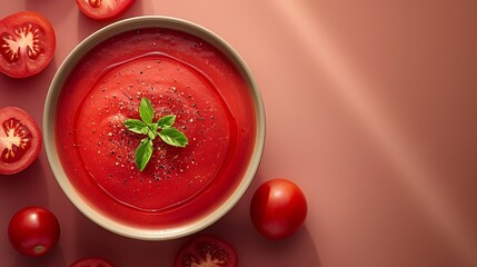 Top view of tomato cream soup on beige background
