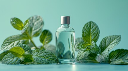 Background with mint leaves and space for text, mouthwash and leaves - obrazy, fototapety, plakaty