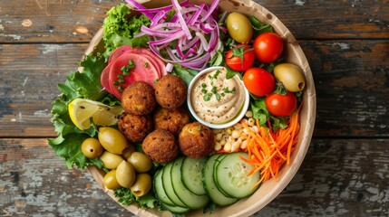 Fast food, a plate with mixed herbs, Falafel, baked carrot hummus, Cucumbers, tomatoes, pickled red onion, olives, radishes.