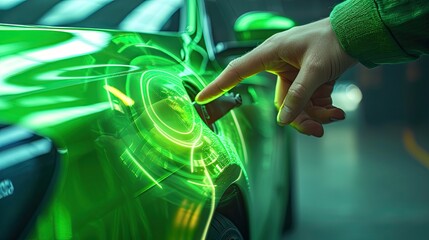 Man pushing green car button. Concept of e-mobility, clean green energy concept, EV car