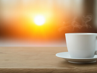 Naklejka na ściany i meble Morning Coffee Cup Mug on Living Room Table with Blur Background