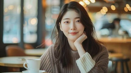 Portrait of a Radiant Korean Woman Enjoying Coffee at a Cafe