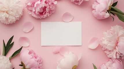 Wedding, birthday stationery mock-up scene. Blank paper greeting card, invitation. Decorative floral composition. Closeup of pink roses petals, peonies, hydrangea flowers and eucalyptus leaves.