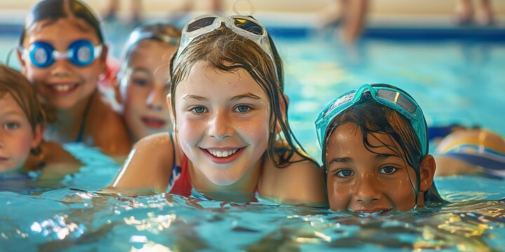 Group of happy kids learning swimming in indoor summer pool. Happy children kids group at swimming pool class learning to swim, happy summer vacation.