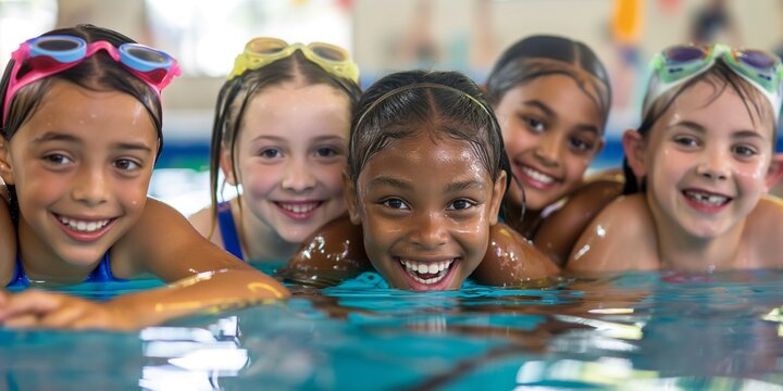 Group of happy kids learning swimming in indoor summer pool. Happy children kids group at swimming pool class learning to swim, happy summer vacation.