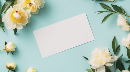 Blank white paper card isolated on white yellow peony flowers frame on fresh graceful light blue background, mock up of greeting card, wedding invitation with copy space.