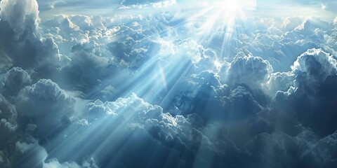 Colorful dramatic heaven clouds sky light ray going though cloudscape backgrounds. - obrazy, fototapety, plakaty