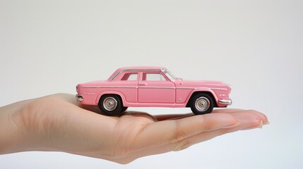 A small pink toy car balanced on a person's hand. Suitable for toy or transportation concepts