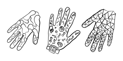 Naklejka premium An intricate black and white drawing featuring a hand with a watch on the wrist. The detailed pattern of the fingers and thumb showcases artistic skill in this fashion accessory piece of visual arts