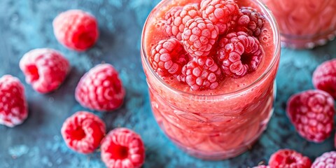 Close up of raspberry smoothie glass decorated with fresh raspberries and mint berries, copy space,...