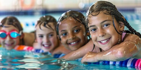 Group of happy kids learning swimming in indoor summer pool. Happy children kids group at swimming pool class learning to swim, happy summer vacation.