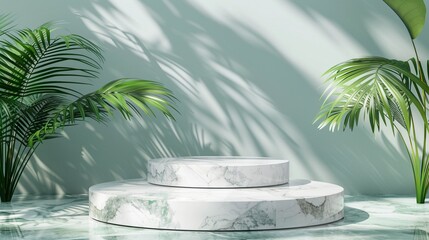 white marble display podium with leaves and shadow in white background, marble stone pedestal podium with natural shadow in natural background for cosmetic beauty product presentation concept .