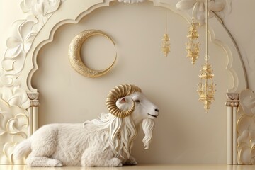 Eid al adha islamic decoration background with goat sheep arabic crescent, ramadan kareem, mawlid, iftar, isra miraj, eid al fitr, muharram, copy space text area, 3D illustration - generative ai