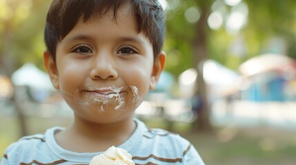 Happy Latino boy eating an ice cream outdoor on blurred summer park background with copy space.