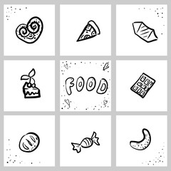 A photograph of food icons with the word food in the middle. The icons are in a white rectangle with a pattern of lines, triangles, and circles. The word food is in a bold font