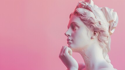 Muse sculpture statue being thoughtful isolated on minimal pastel pink background with copy space, Emotions, thoughtfulness, creative concept. - obrazy, fototapety, plakaty