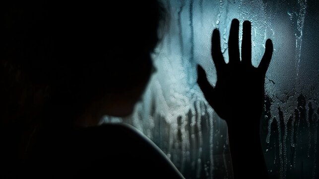 Silhouette of a lonely sad woman touching wet glass window, young woman silhouette reaching out in blue dark backgrounds.