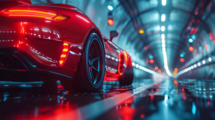 High Speed of Car Travelling in Tunnels,
Futuristic retro wave synth wave car Retro sport car with neon backlight contours

