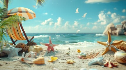 Fototapeta na wymiar A peaceful beach scene with shells and a colorful umbrella. Perfect for travel websites or summer themed designs