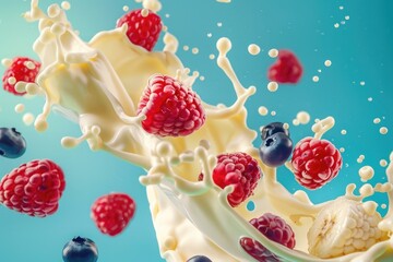 Fresh milk splash with colorful raspberries and blueberries, perfect for food and beverage concepts